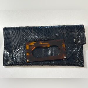 Vintage Black Snakeskin Foldover Clutch Purse with Tortoise Plastic Handle